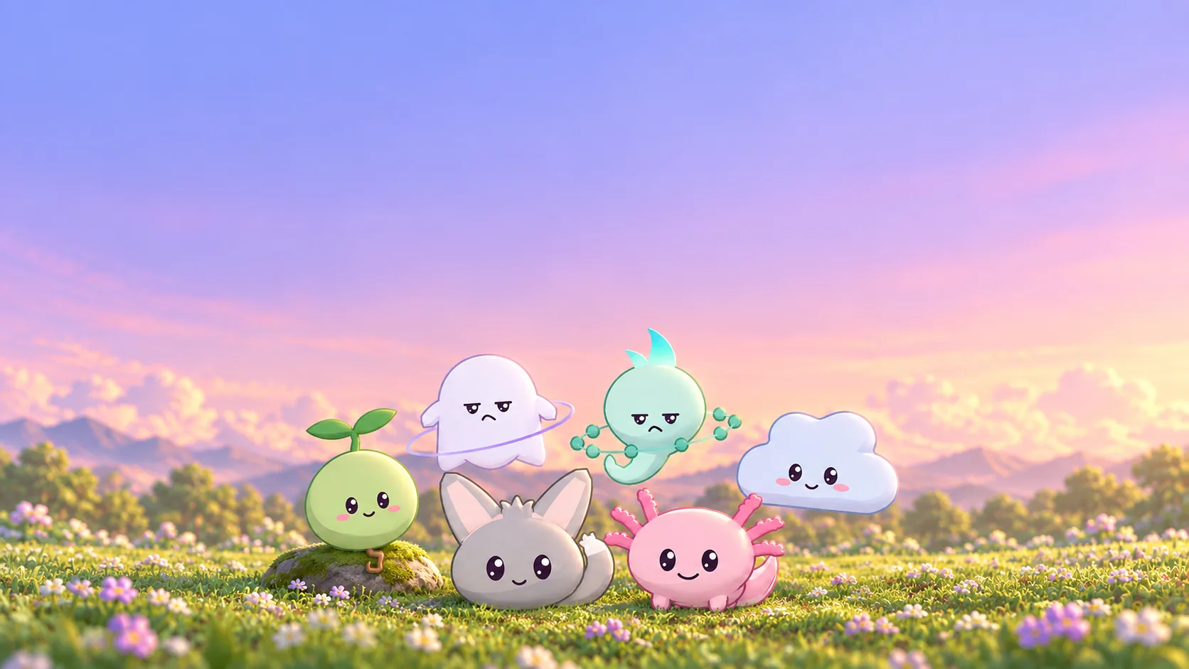 Illustration of the six pets together in a field, in the late afternoon.