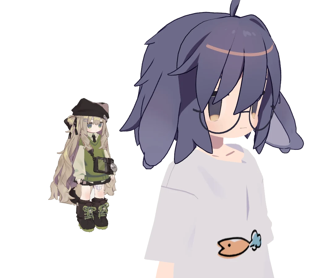 Kipfel in miniature, full body, next to the head of a normal-size avatar, at shoulder height.